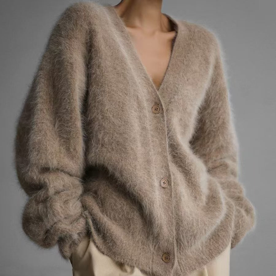 Women's Faux Fur Knitted Cardigan V-Neck Loose Long Sleeve Outerwear teemdrop