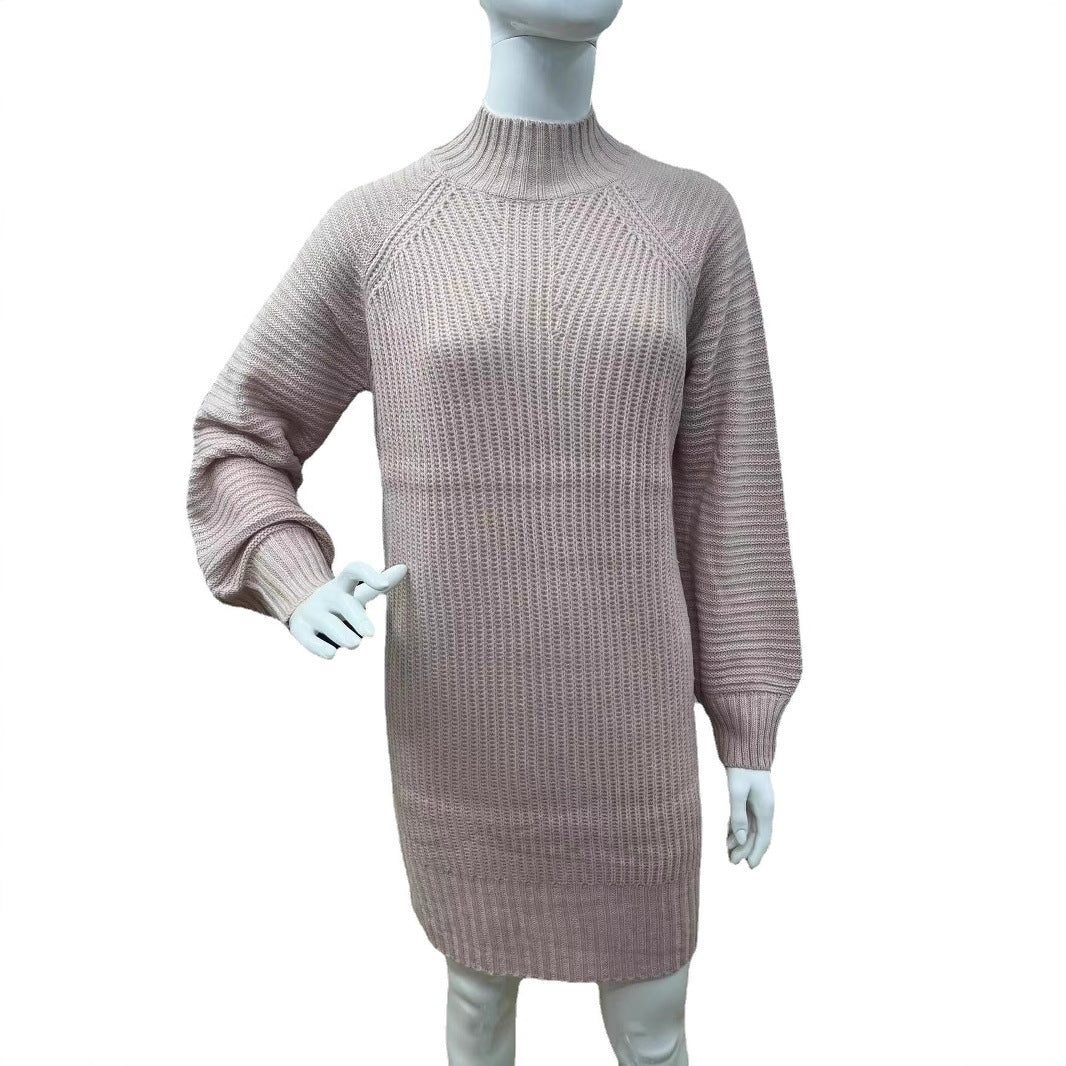 Women's Solid Color High Neck Long Sleeve Knit Sweater Dress teemdrop