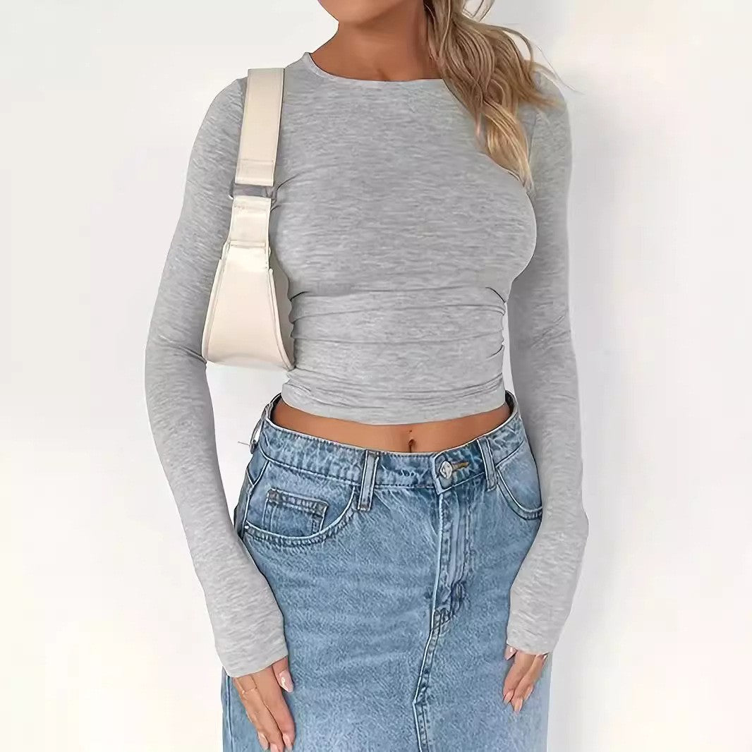 Women's Slim Fit Long Sleeve Solid Color Crewneck T-Shirt teemdrop