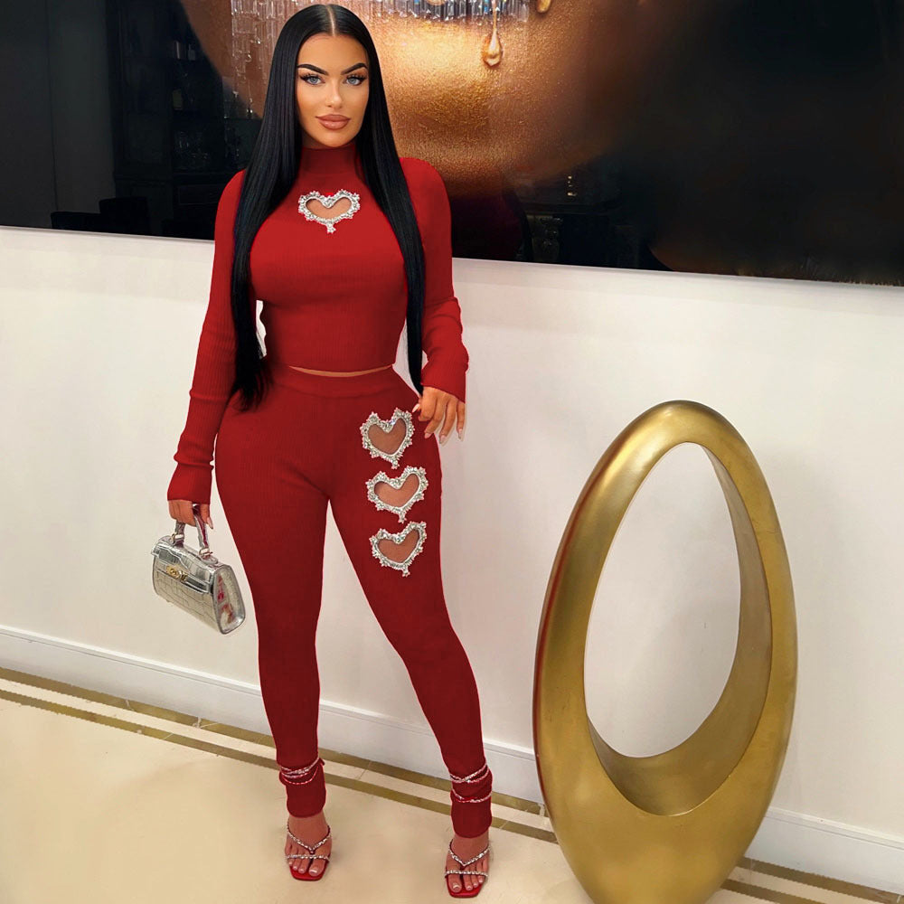 Women's Heart-Shaped Detail Solid Color Two-Piece Pants Suit teemdrop
