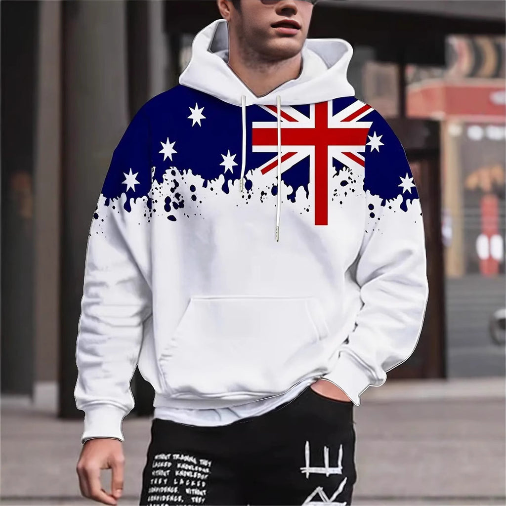 Men's 3D Australian Flag Print Drawstring Hoodie Loose Fit Long Sleeve Sweatshirt teemdrop