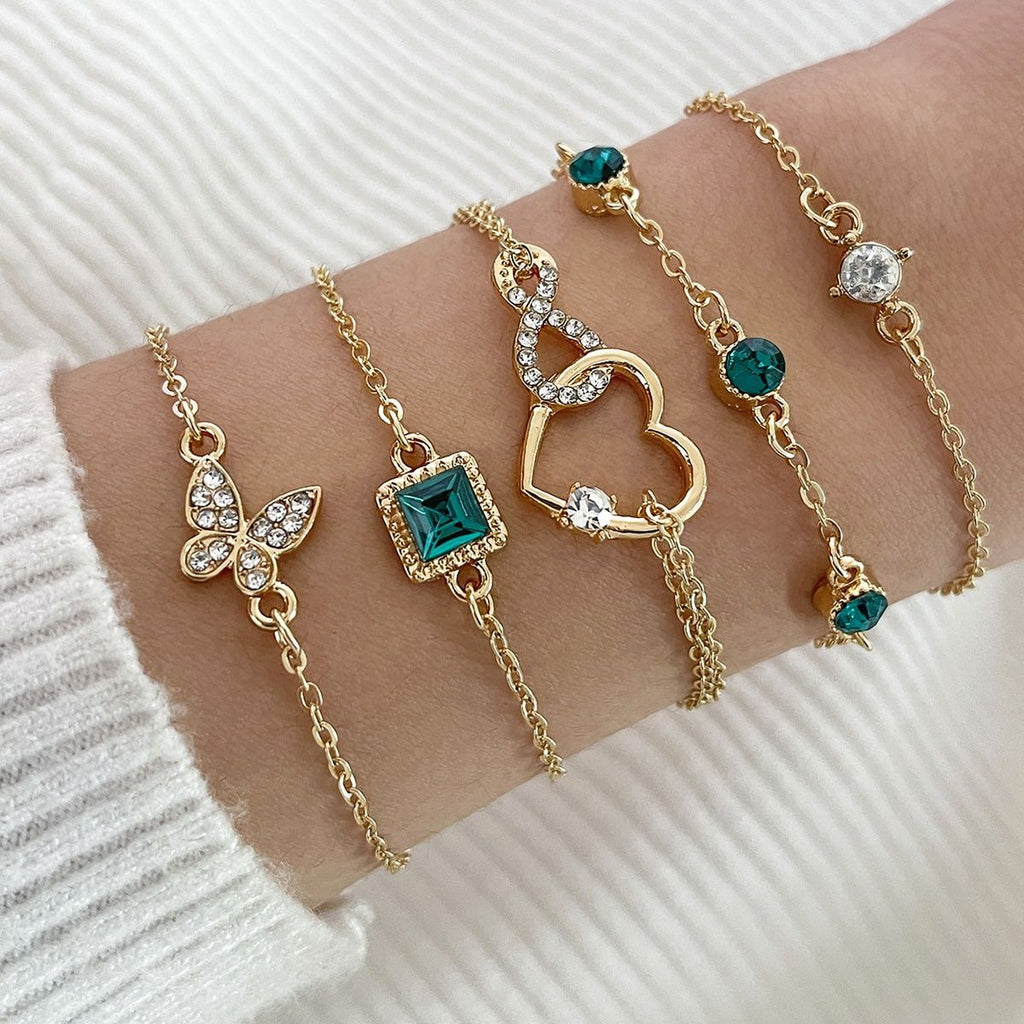 Vintage Style 5-Piece Set Green Diamond Butterfly Love Alloy Bracelet