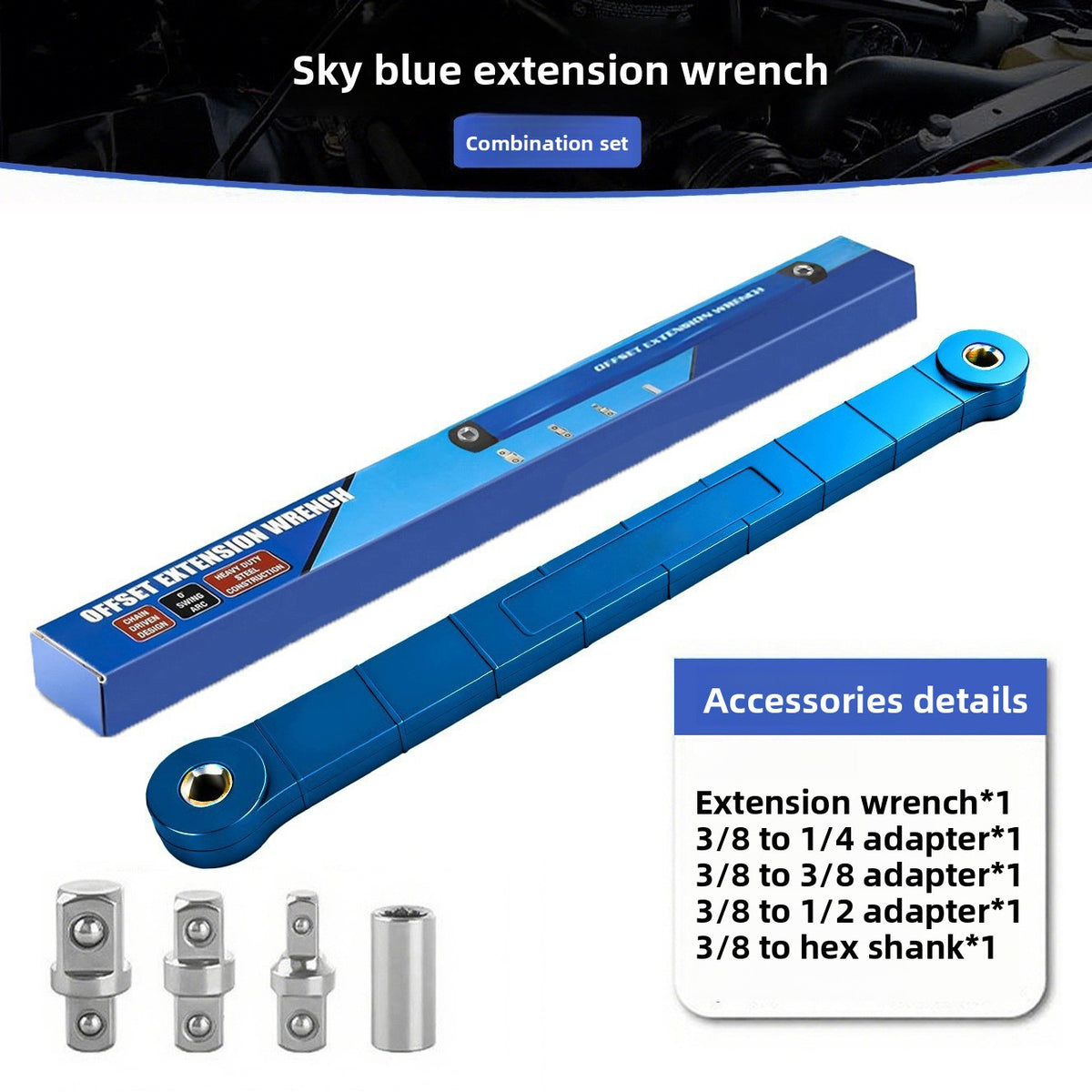 Adjustable Extension Ratchet Wrench Set with 4 Adapters, Reinforced Nylon, Electroplated