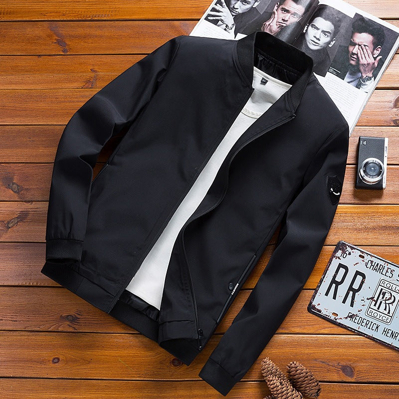Men's Slim Fit Stand Collar Zip-Up Jacket, Solid Color Long Sleeve Breathable Outerwear teemdrop