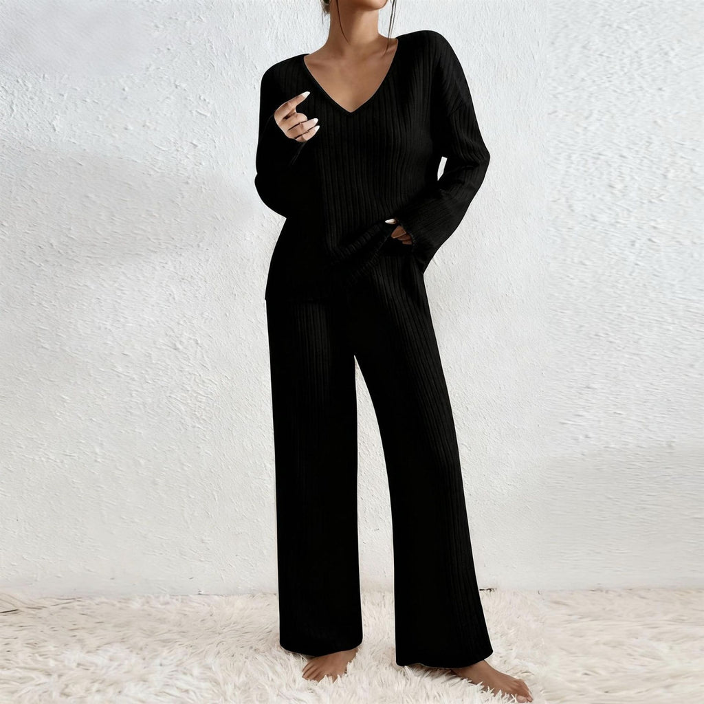 Women V-Neck Loose Ribbed Knit Long Sleeve Top Suit Set teemdrop