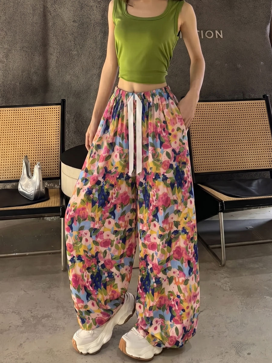 Women's Artistic Print High-Waist Wide-Leg Cotton Casual Pants teemdrop