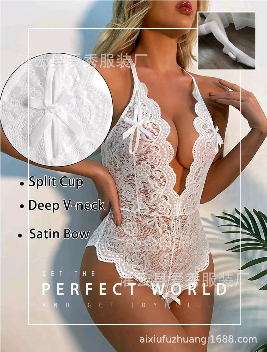 Women's Floral Lace One-Piece Open Crotch Backless Lingerie Bodysuit