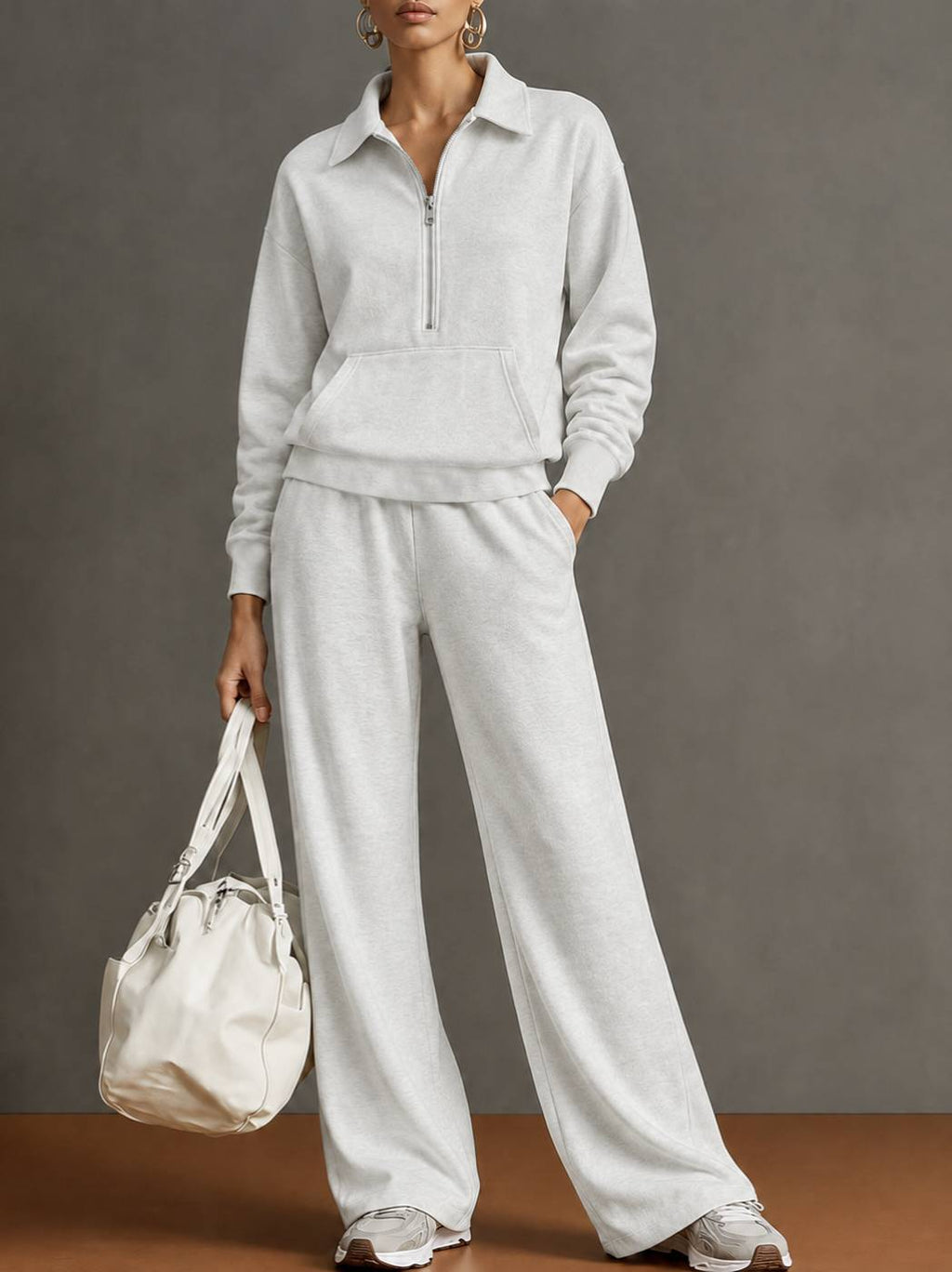 Women Two-Piece Half-Zip Sweatshirt and Wide-Leg Pants Set teemdrop
