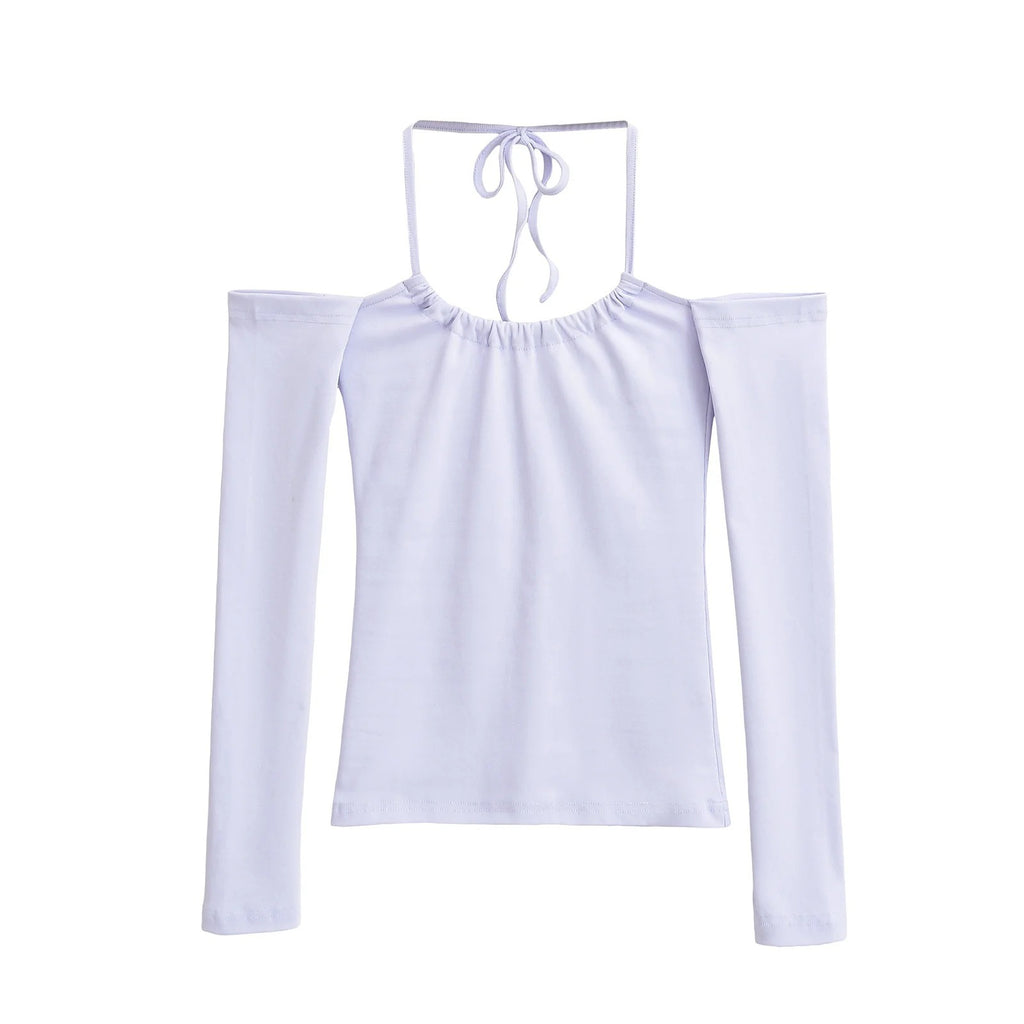 Off Shoulder Halter Neck Long Sleeve Crop Top teemdrop