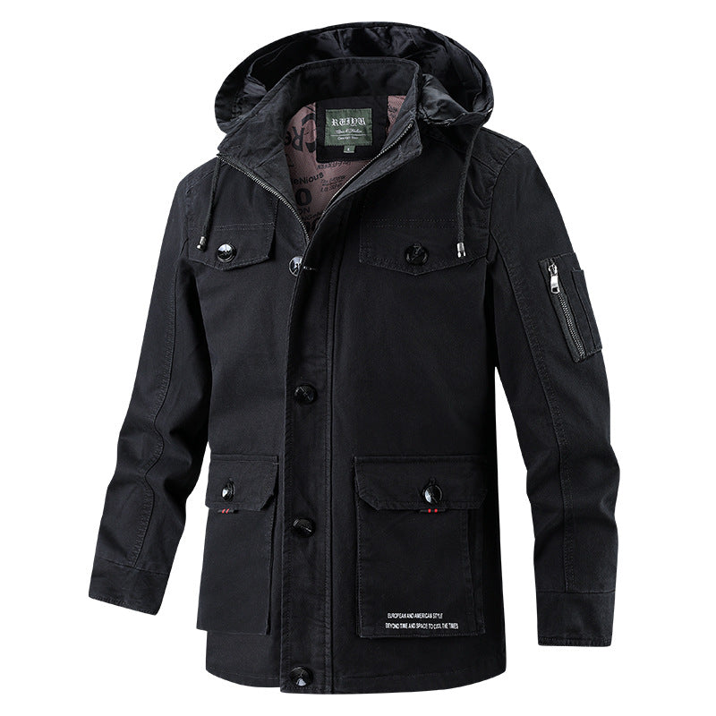 Men's cotton casual jacket with hood and stand-up collar, long and full-length coat