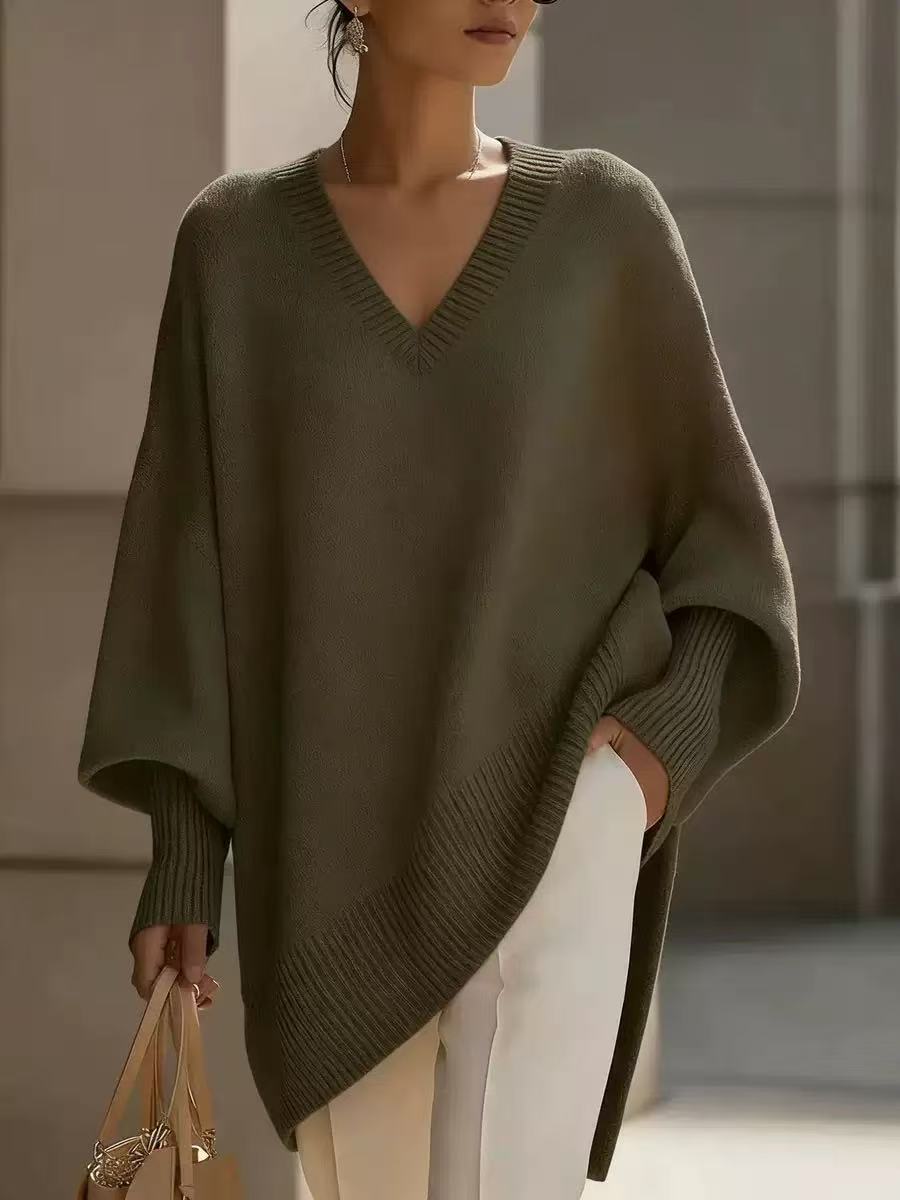 Solid-color long-sleeved V-neck relaxed style sweater for women, loose knitted top teemdrop