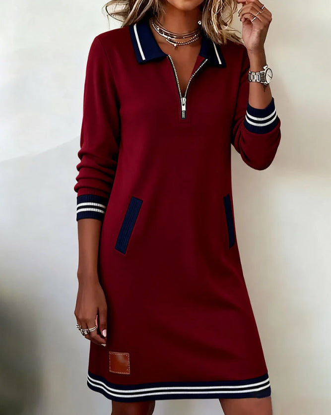 Women's Autumn Lapel Zip Front Colorblock Dress