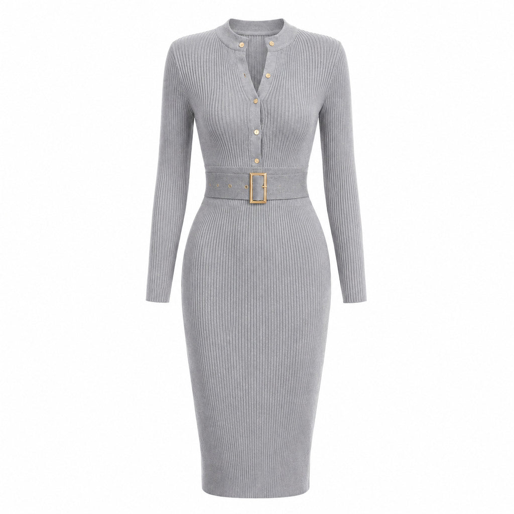 Elegant Bodycon Knitted Ribbed Midi Dress with Belt teemdrop