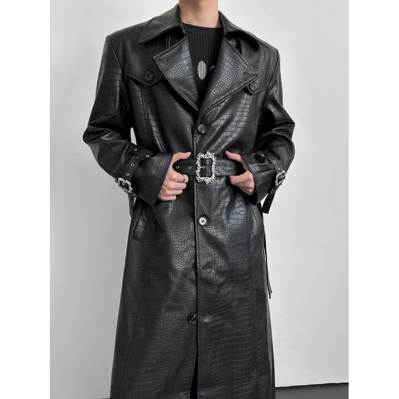 Men's Crocodile Embossed Leather Trench Coat Long Slim Fit Black teemdrop