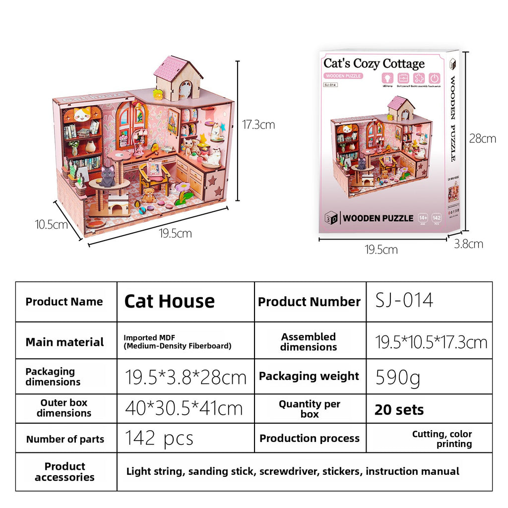 DIY Wooden Miniature House 3D Puzzle Model Building Kit with LED Light teemdrop