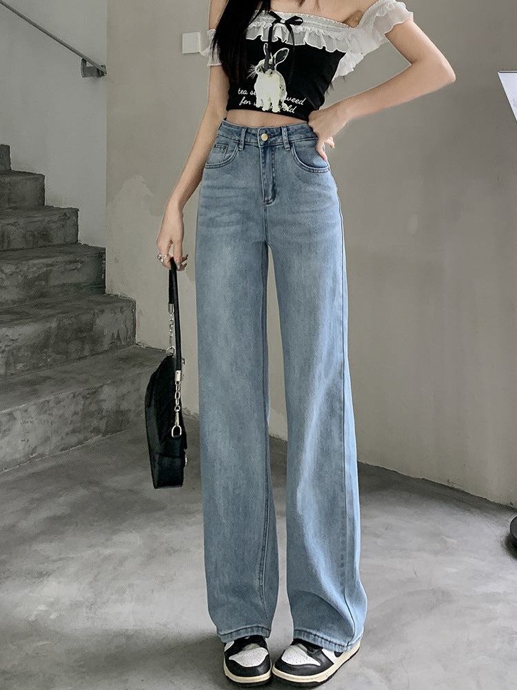 Lady's high-waisted straight-cut cotton denim pants