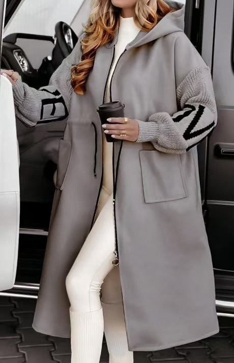 Women's Casual Hooded Long Patchwork Zip-Up Coat