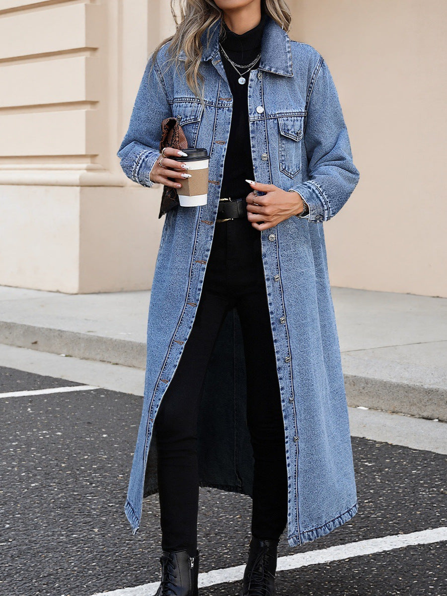 Women Elegant Slim-Fit Long Denim Jacket teemdrop