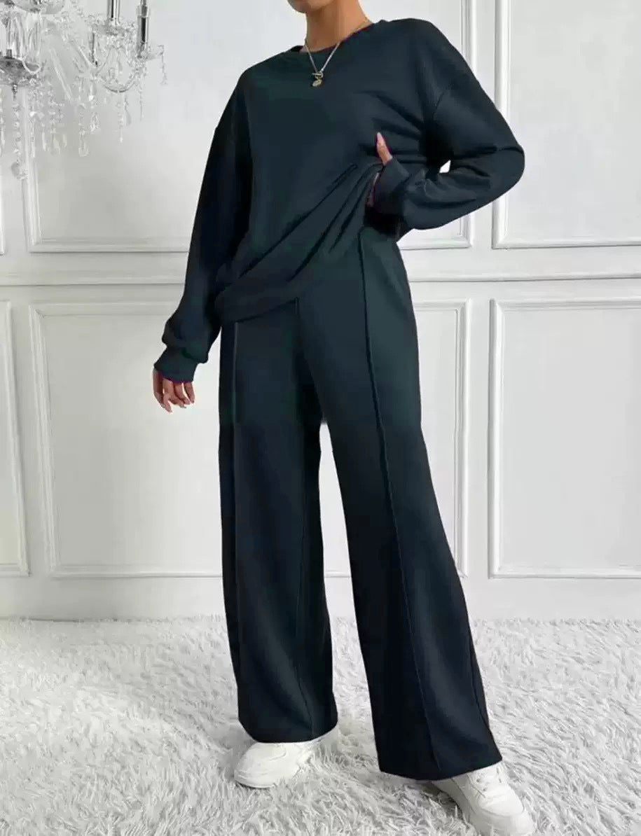 Women's Solid Color Round Neck Long Sleeve Pants Suit Casual Two-Piece Set teemdrop