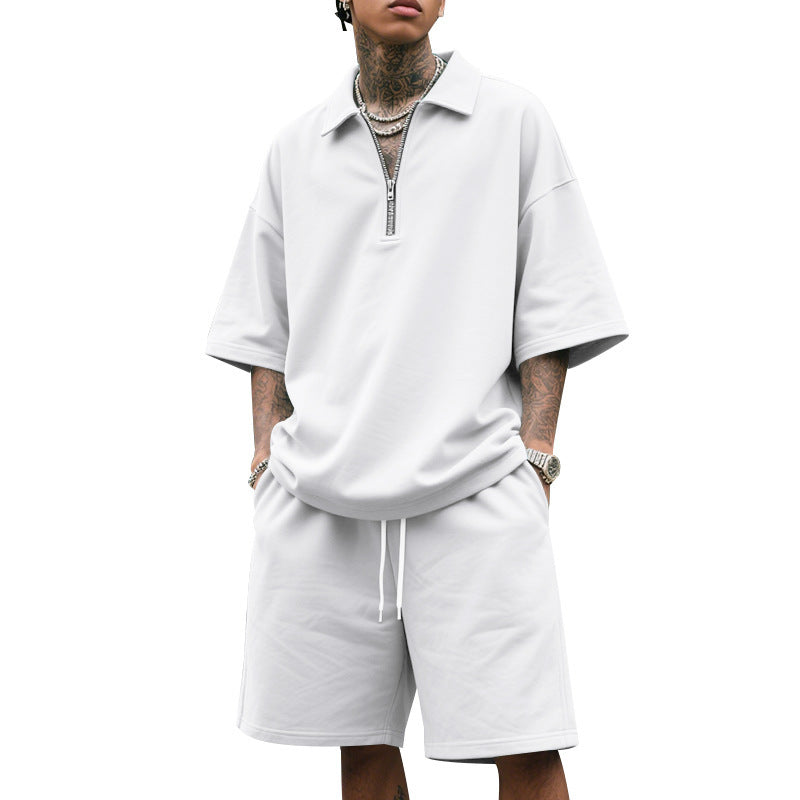 Men's two-piece short-sleeved zipper Polo shirt with shorts
