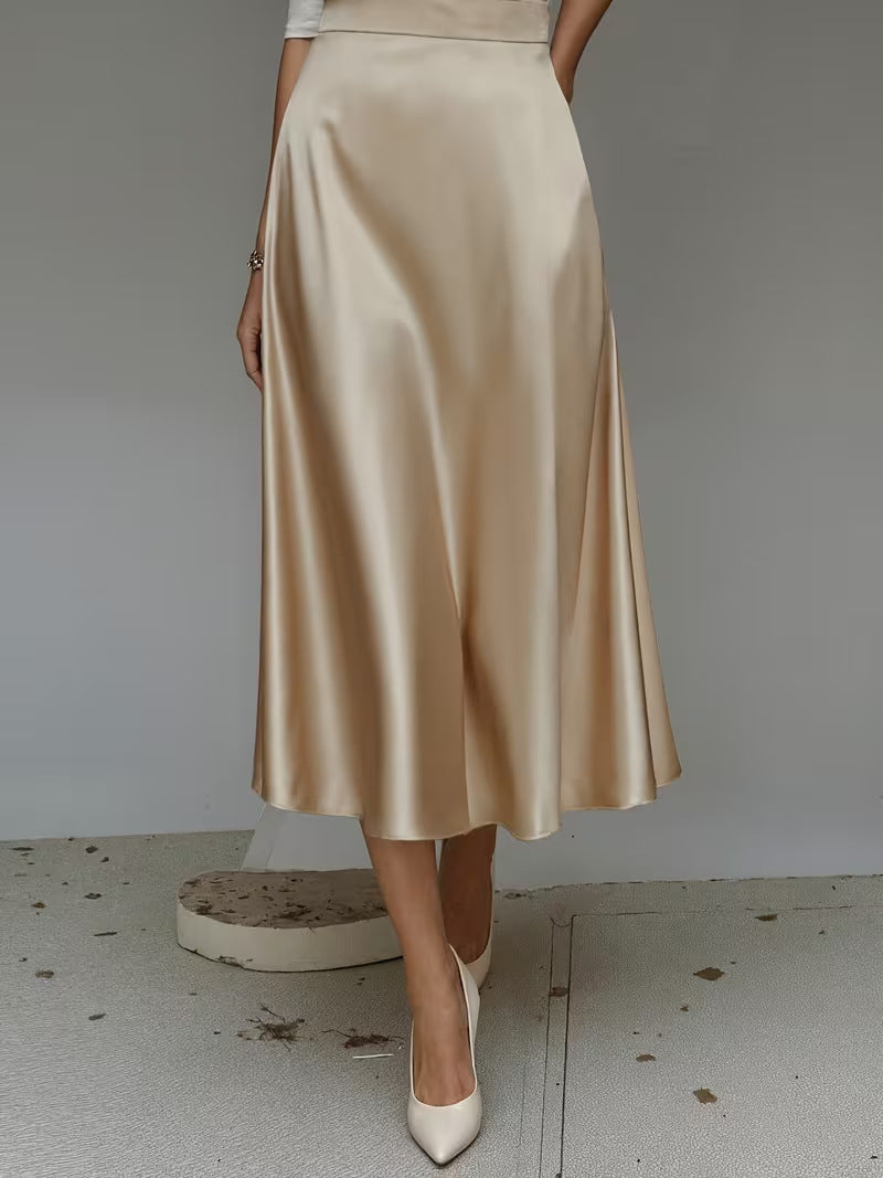Women's Satin A-Line Midi Skirt Solid Color Elegant Workwear teemdrop