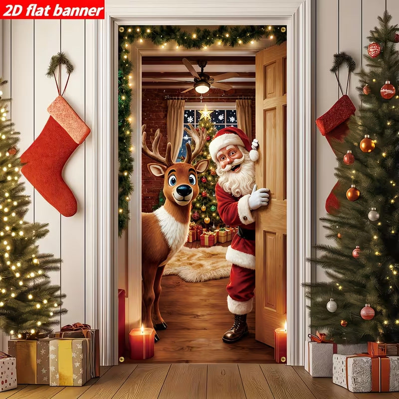 Milk Silk Christmas Door Banner Reindeer Santa Claus Design Festive Party Decoration Hanging Cloth for Home Living Room Bedroom teemdrop