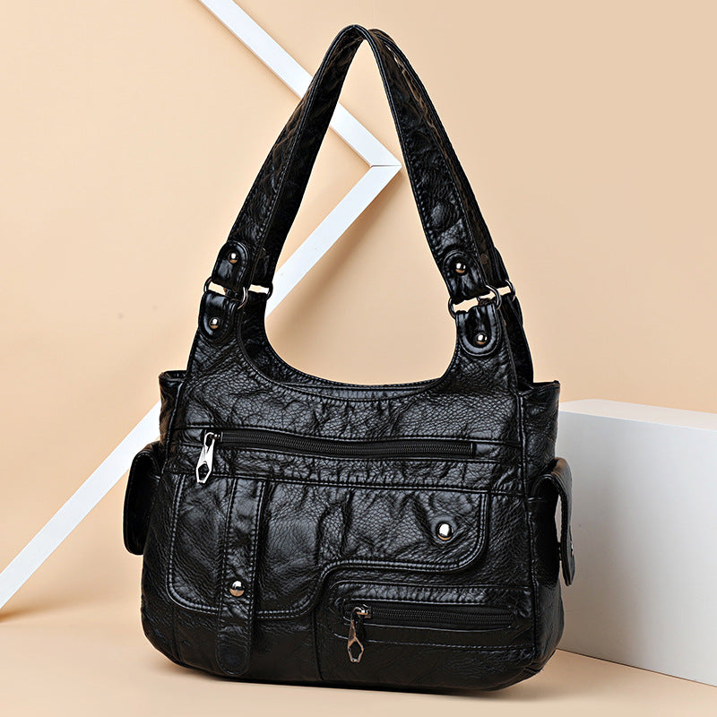 Women's Washed PU Leather Shoulder Bag Casual Lightweight Handbag teemdrop