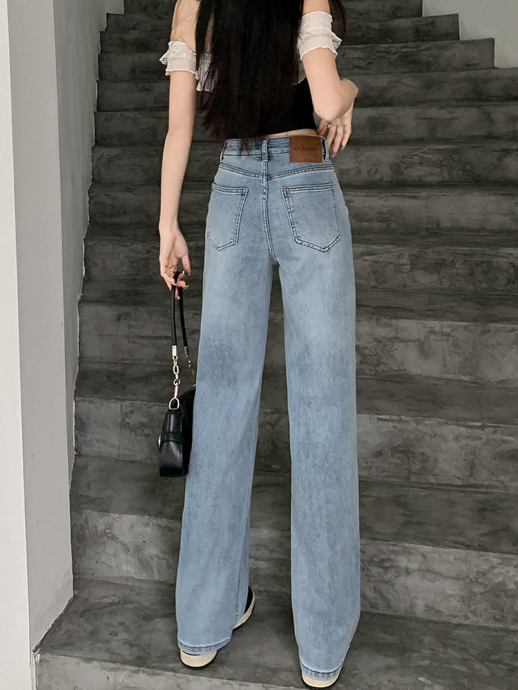 Lady's high-waisted straight-cut cotton denim pants