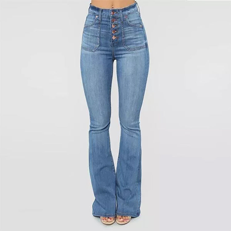 Washed button-down women's high-waisted denim pants