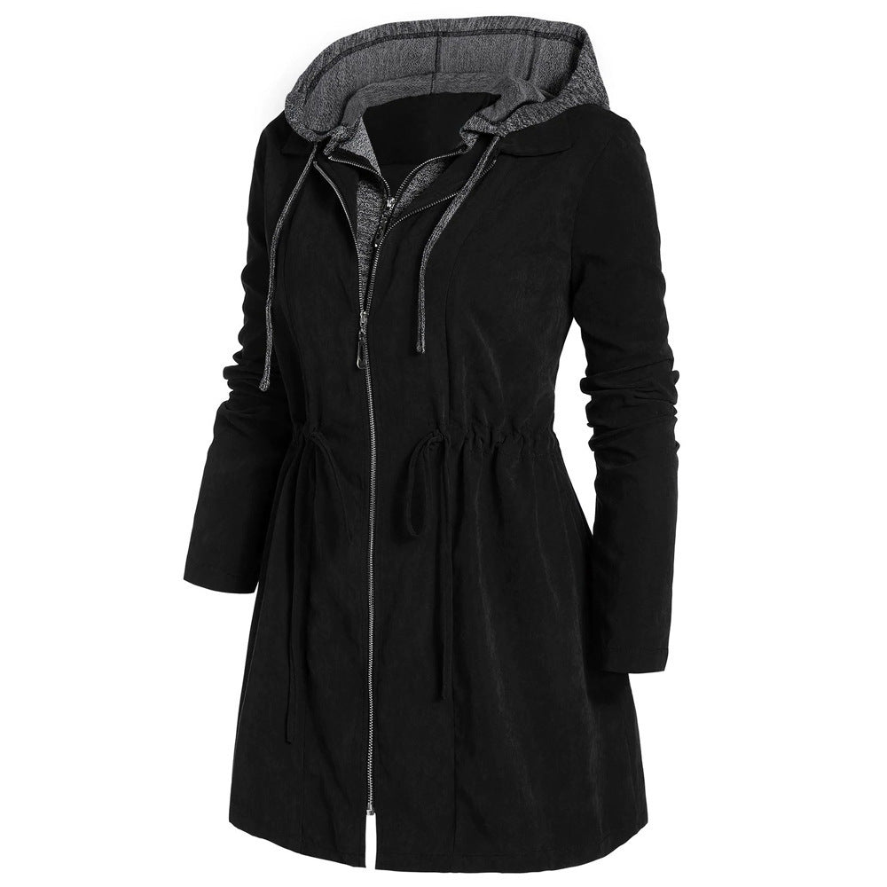 Women's Long Sleeve Double Zipper Hooded Trench Coat teemdrop