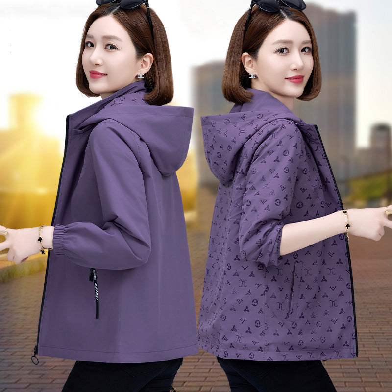 Women Reversible Hooded Long Sleeve Loose Polyester Windbreaker Jacket teemdrop