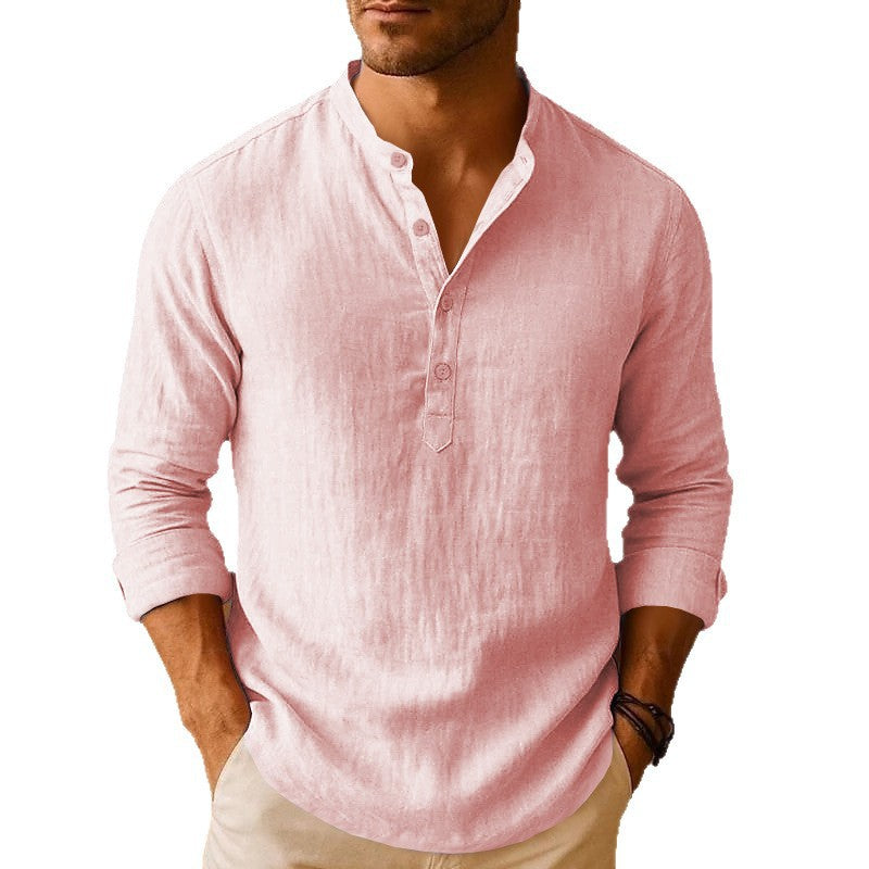 Men's Linen Stand Collar Long Sleeve Breathable Casual Shirt teemdrop