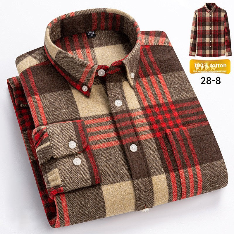Men's 100% Cotton Thickened Brushed Plaid Long Sleeve Button Down Shirt