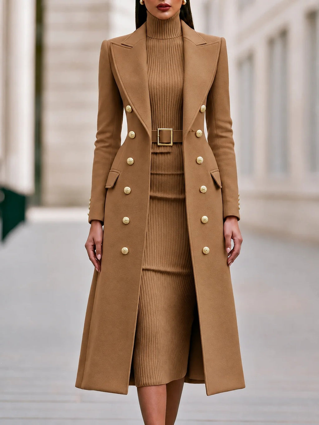 Women's Double-Breasted Woolen Coat and Knitted Dress Two-Piece Set teemdrop