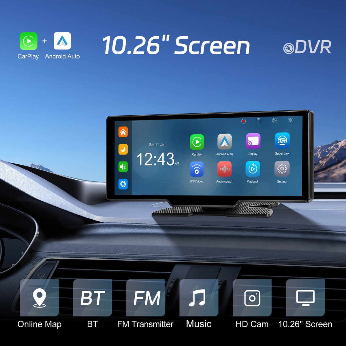 10.26-inch 4K Smart Screen Car Player with Wireless CarPlay, Android Auto, Dual Dash Cam, and Reversing Camera teemdrop