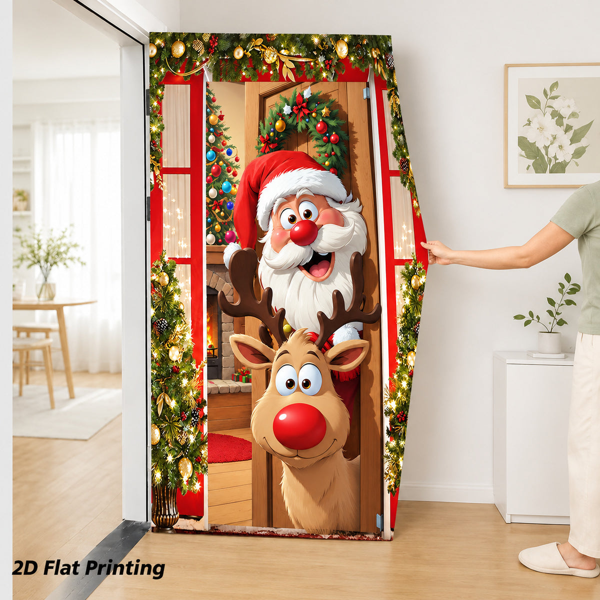 Milk Silk Christmas Door Banner Reindeer Santa Claus Design Festive Party Decoration Hanging Cloth for Home Living Room Bedroom teemdrop