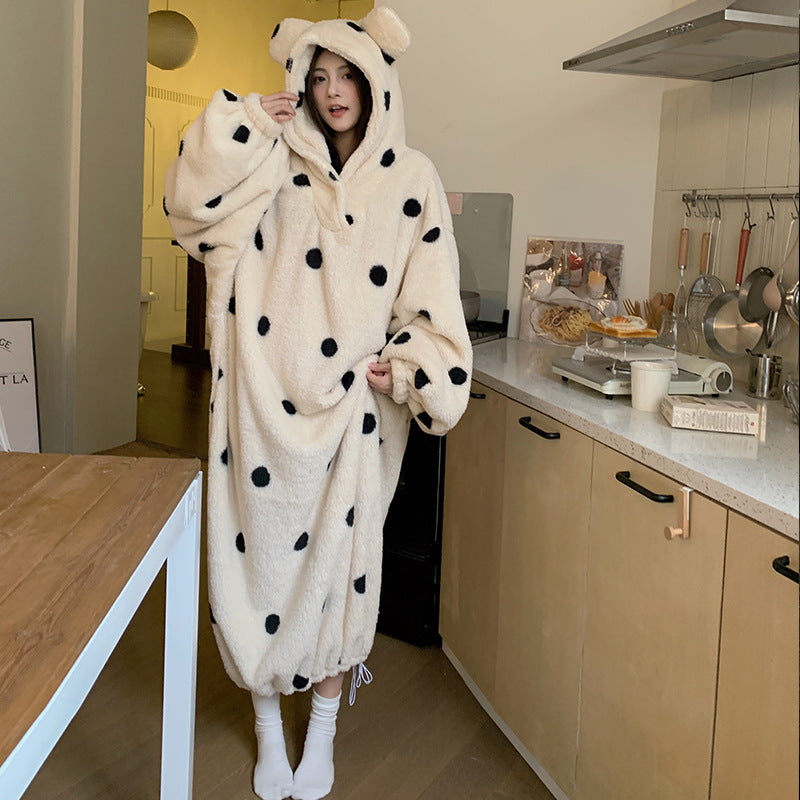 Women's Thickened Coral Fleece Hooded Nightgown Oversized Winter Warm Robe teemdrop
