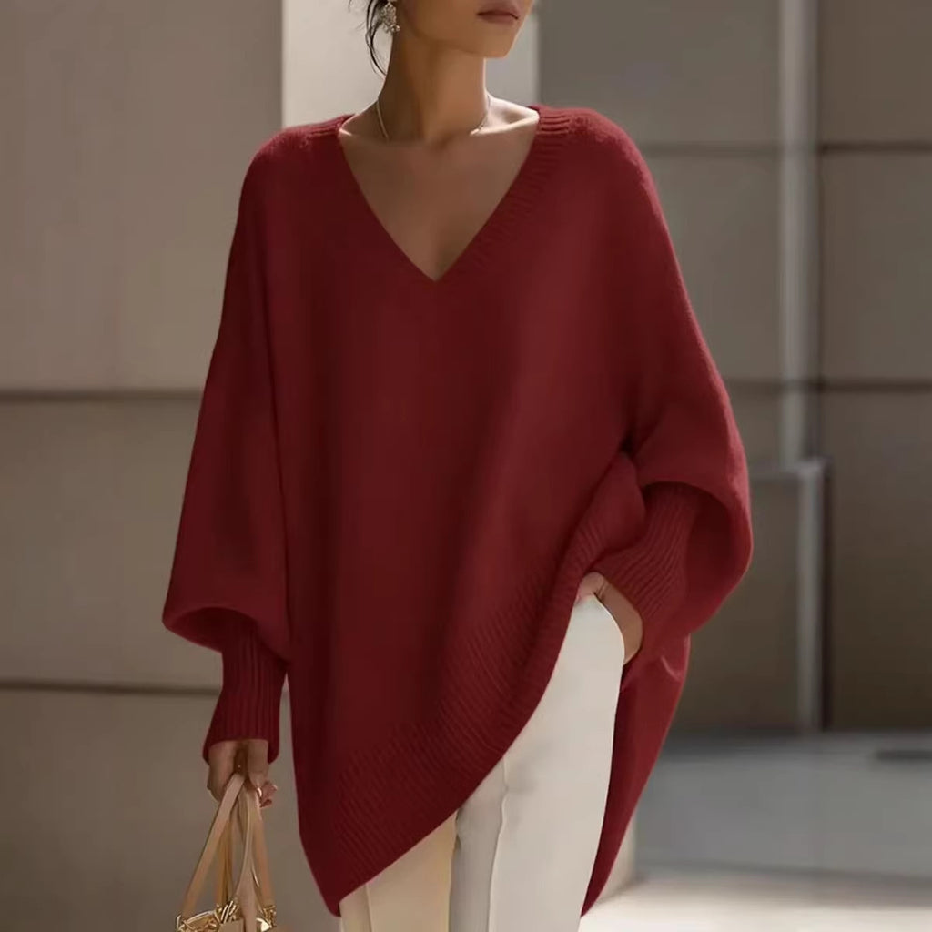 Solid-color long-sleeved V-neck relaxed style sweater for women, loose knitted top teemdrop