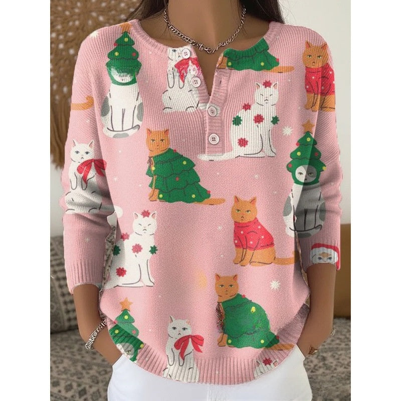 Women Retro Christmas 3D Print Four-Button Stand-Up Collar Long Sleeve T-Shirt teemdrop