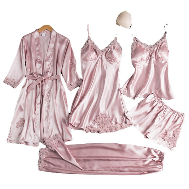 Womens Silk Loungewear V-Neck Five-Piece Pajama Set