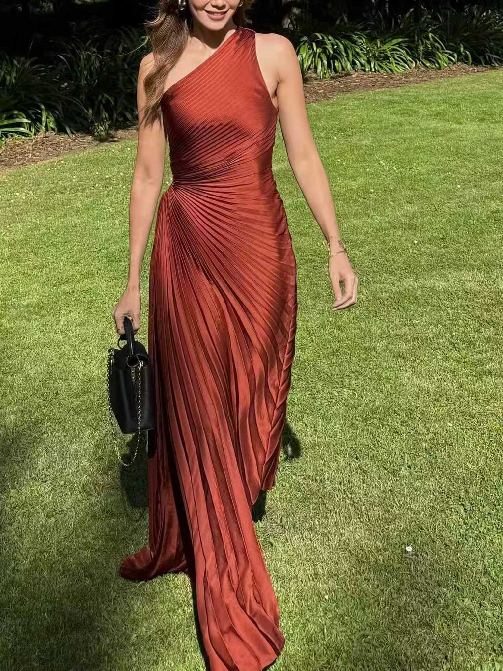 Women's Satin Halter Neck High-Waisted Pleated Long Dress teemdrop