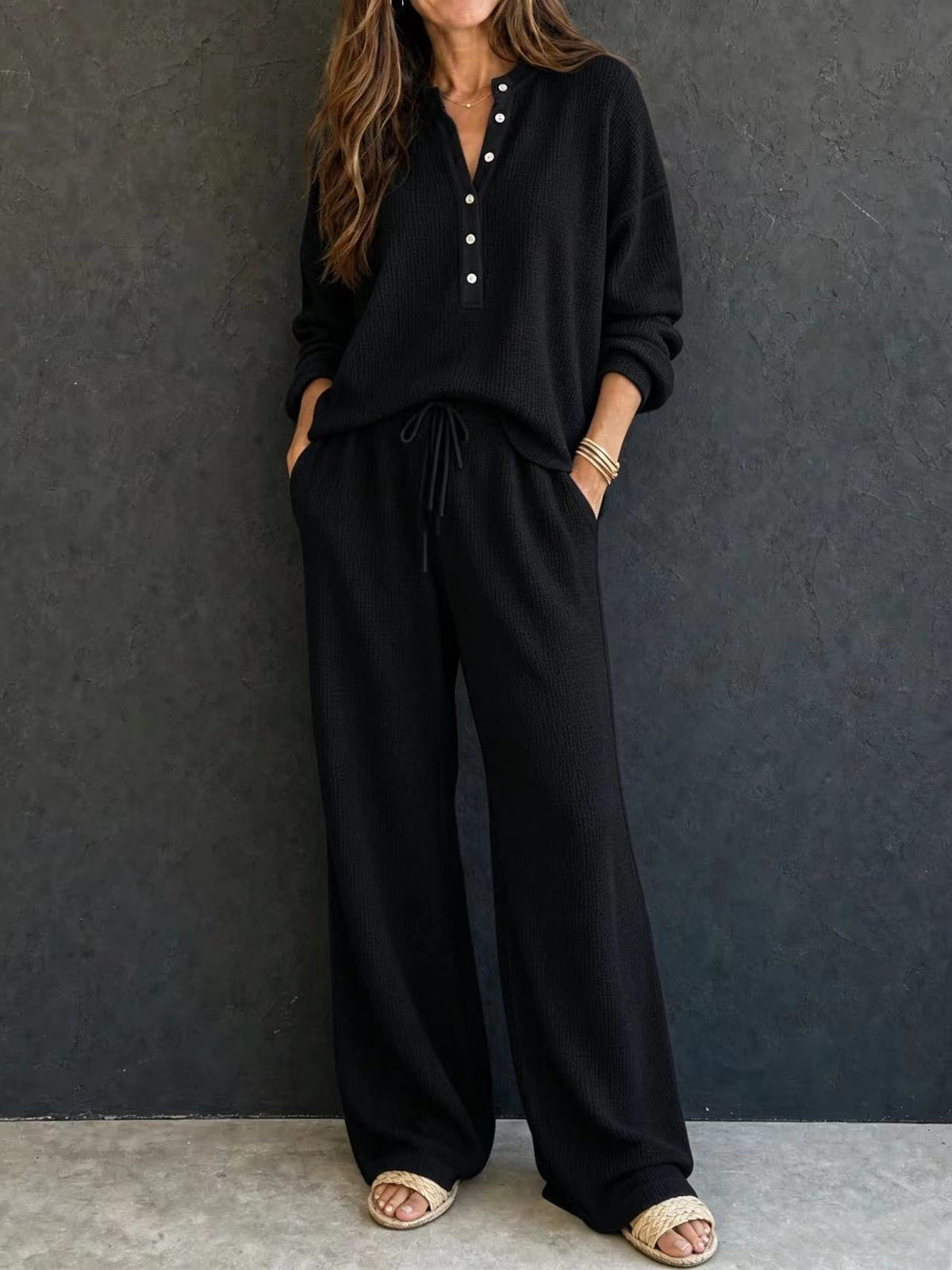 Women's Solid Color Knit Rib Top Straight Pants Set teemdrop