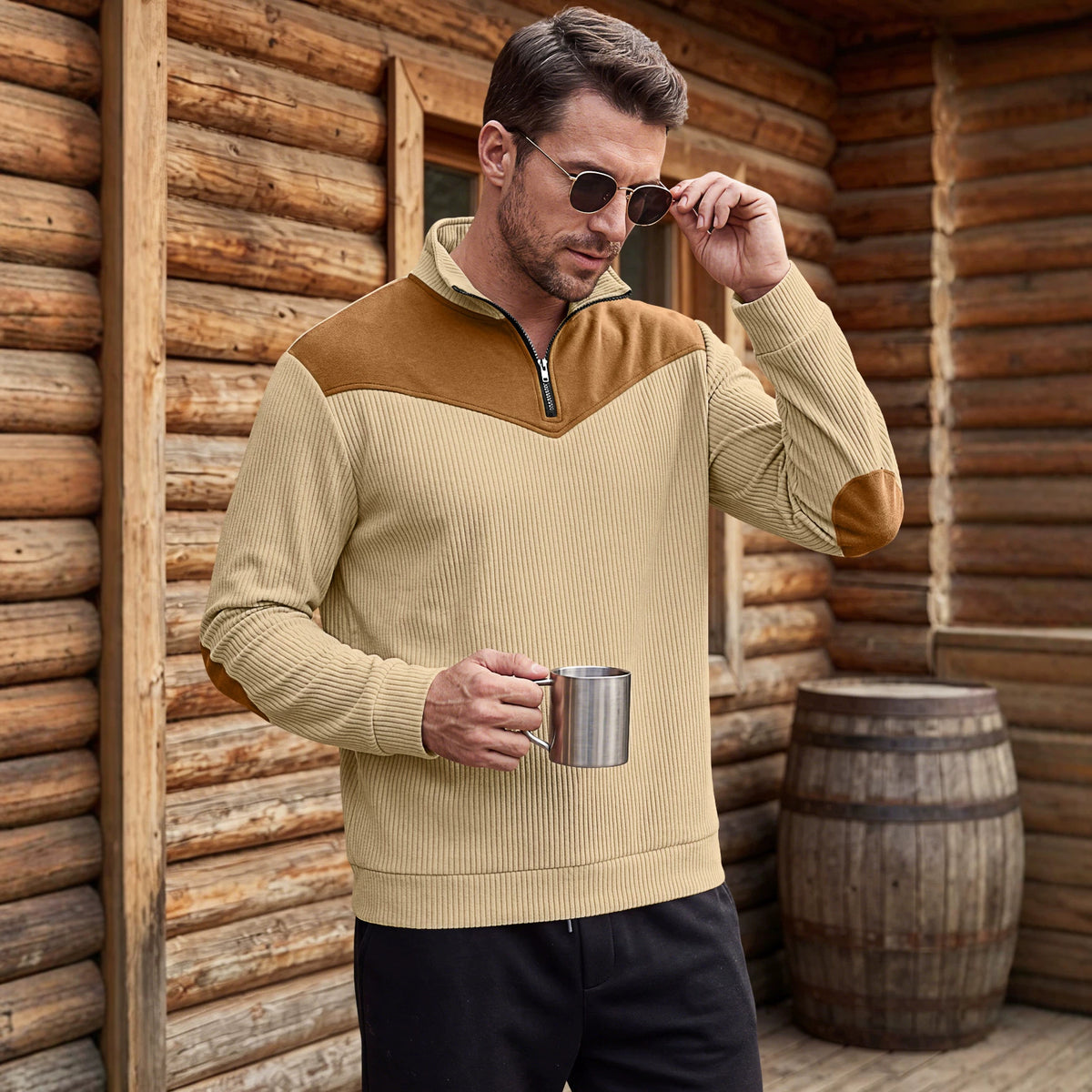 Men's Clothing Vertical Ribbed Half-Zip Stand Collar Sweatshirt with Suede Patchwork Retro Long-Sleeve teemdrop
