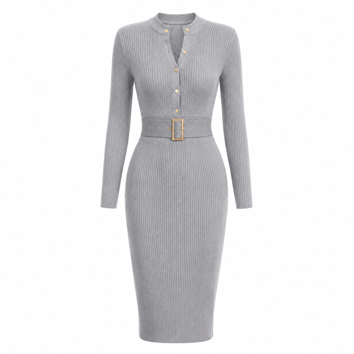 Elegant Bodycon Knitted Ribbed Midi Dress with Belt teemdrop