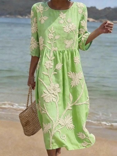 Women's floral print long-sleeved round-neck dress teemdrop