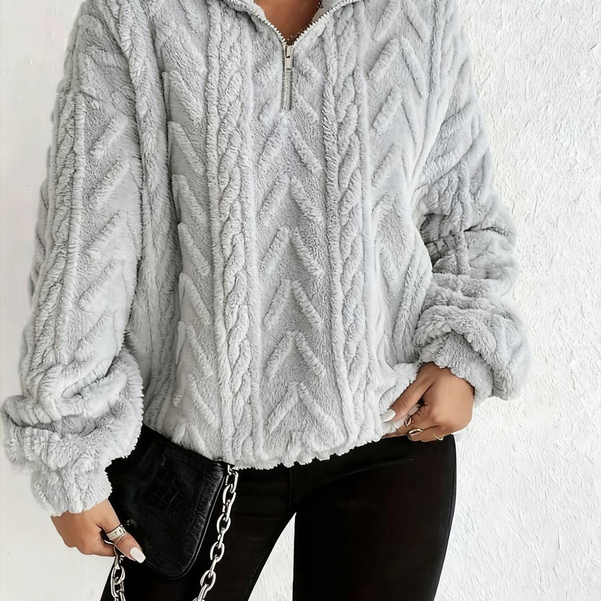 Women's Double-Sided Plush Flower Casual Zipper Pullover Top teemdrop