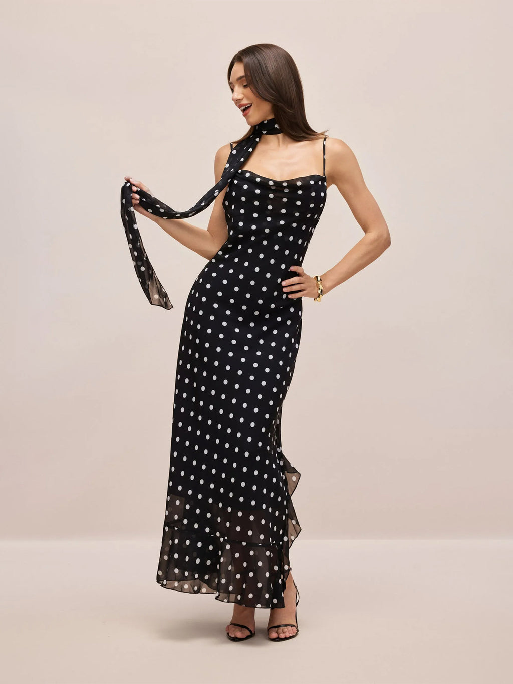 Women's Retro Polka Dot Ribbon Strap Slim Fit Long Dress teemdrop