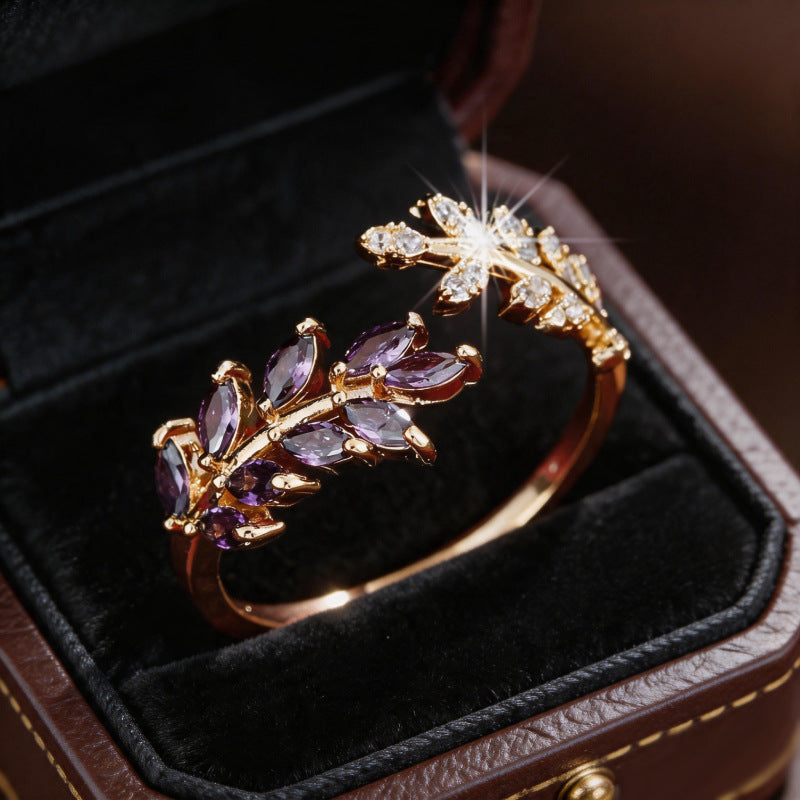Fashion Creative Design Leaf and Wheat Ear Open Ring, Exquisite Light Luxury Everyday Versatile Casual Accessory