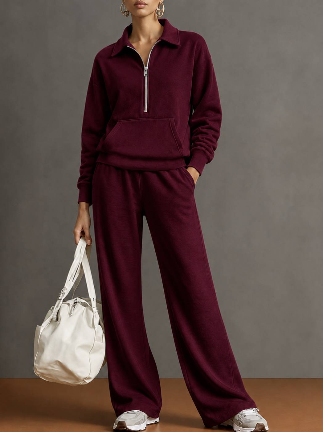 Women Two-Piece Half-Zip Sweatshirt and Wide-Leg Pants Set teemdrop
