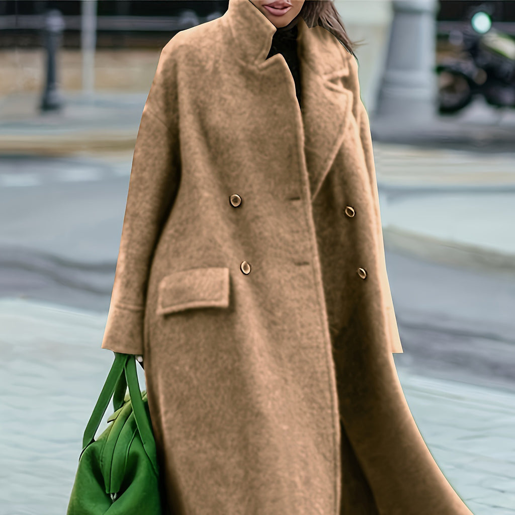 European and American Long Woolen Coat for Autumn and Winter Solid Color Elegant Commuter Wool Green Coat with Belt-Free Lapel